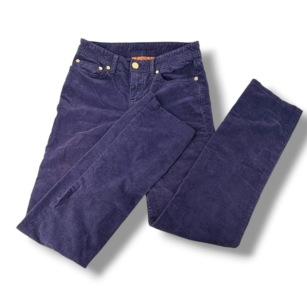 Tory Burch Classic Tory Boot Corduroy Pants Womens 23 Navy Logo Pockets Preppy